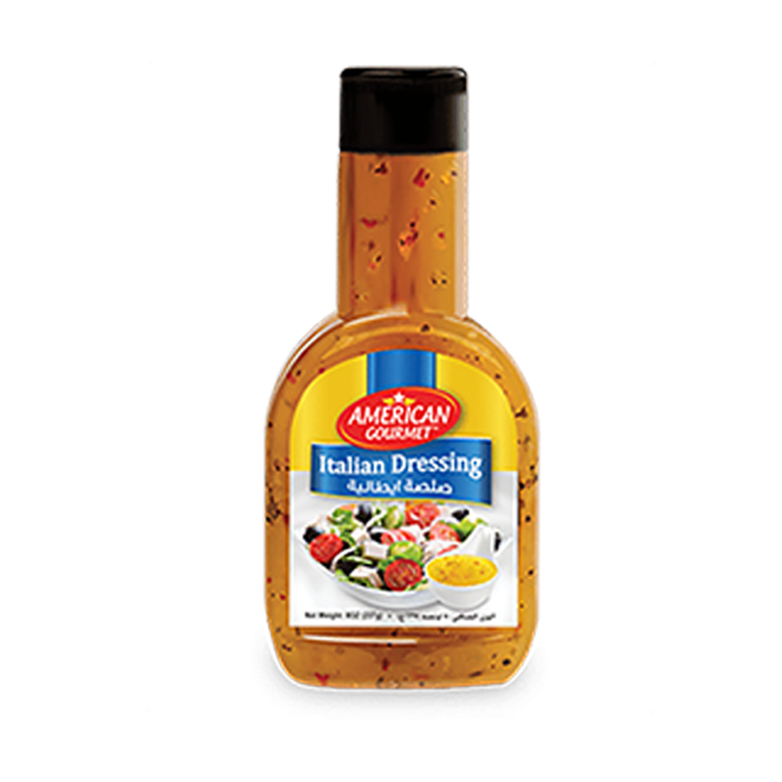 A bottle of American Gourmet Italian Salad Dressing.