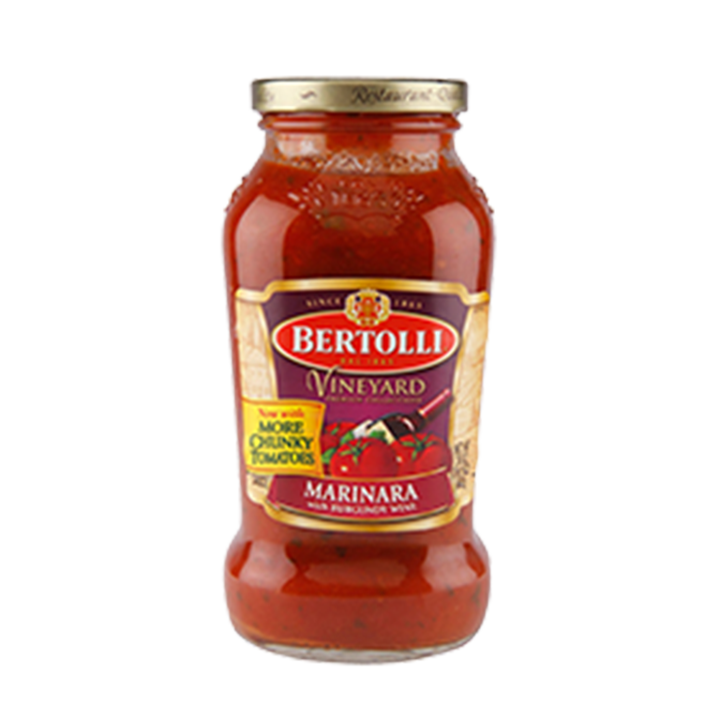 A glass bottle of Bertolli Vineyard Marinara sauce.