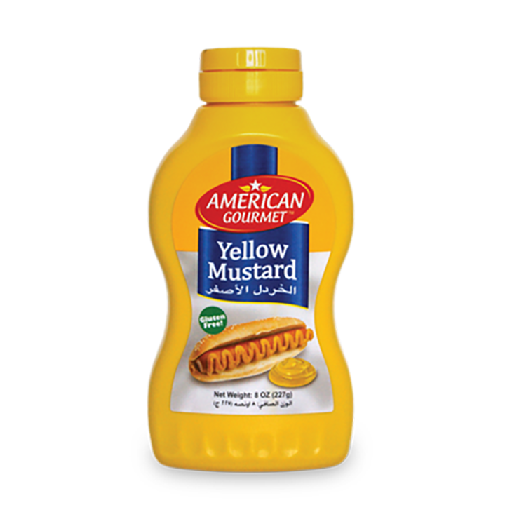 A bottle of American Gourmet Yellow Mustard.