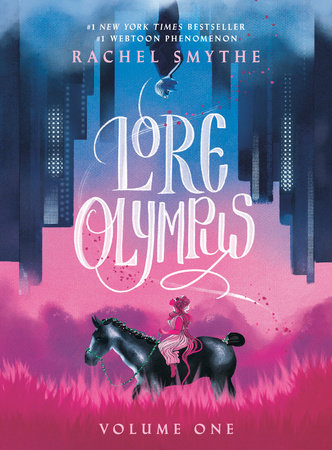 Lore Olympus: Volume One book cover. Hades is at the top of the book cover upside down in the underworld looking up. While Persephone is on the bottom riding a horse in the mortal realm looking up at Hades.