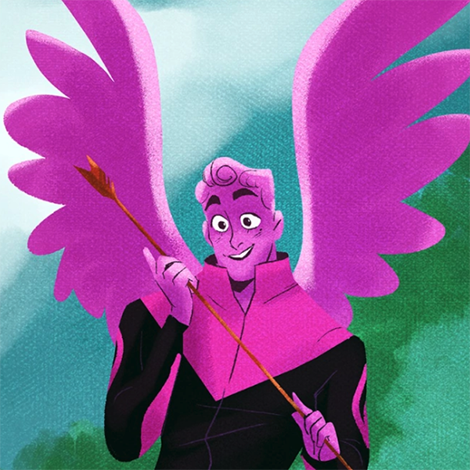 Eros holding an arrow in a black and pink track suit. His pink wings are open behind him.