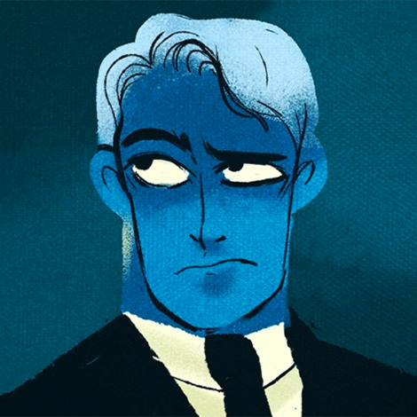 Hades in a suit looking off to the left while facing front.