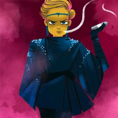 Hera in a blue black outfit with her hair up. She is looking straight and holding a cigar.