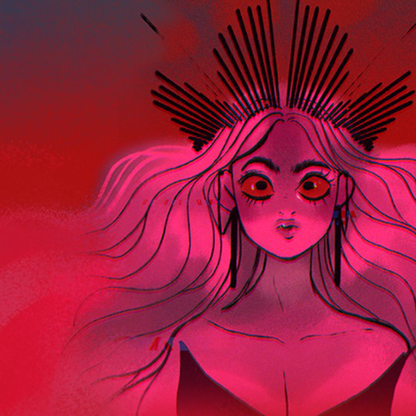 Persephone with red eyes and a crown on. She has long pink hair and is staring straight ahead.